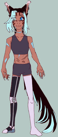 A miqo'te standing plainly. He has dark, almost black pink hair, with pale blue streaks, and his tail is long-haired with blue streaks as well. His left eye is blue and his right eye is pale blue. He is wearing a gray sports bra and gray shorts, as well as
