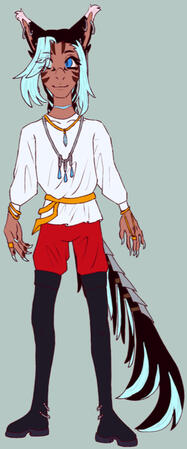 A miqo'te standing plainly. He is wearing a white shirt, red pants, and black boots. His hair and fur is dark pink, with blue streaks.