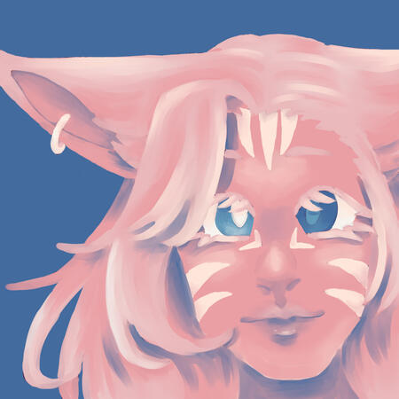 A miqo'te with long, curling hair, drawn in a limited color palette consisting of pale pinks and blues.